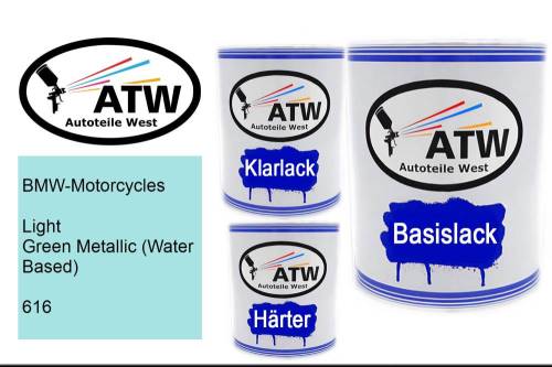 BMW-Motorcycles, Light Green Metallic (Water Based), 616: 1L Lackdose + 1L Klarlack + 500ml Härter - Set, von ATW Autoteile West.